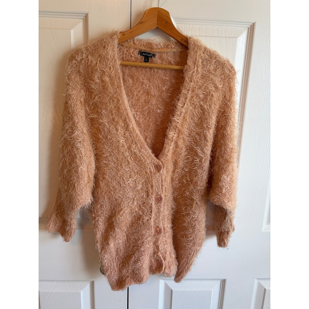 Apt. 9 Peach Eyelash Knit Cardigan Sweater Womens Medium Fuzzy Button Front Soft